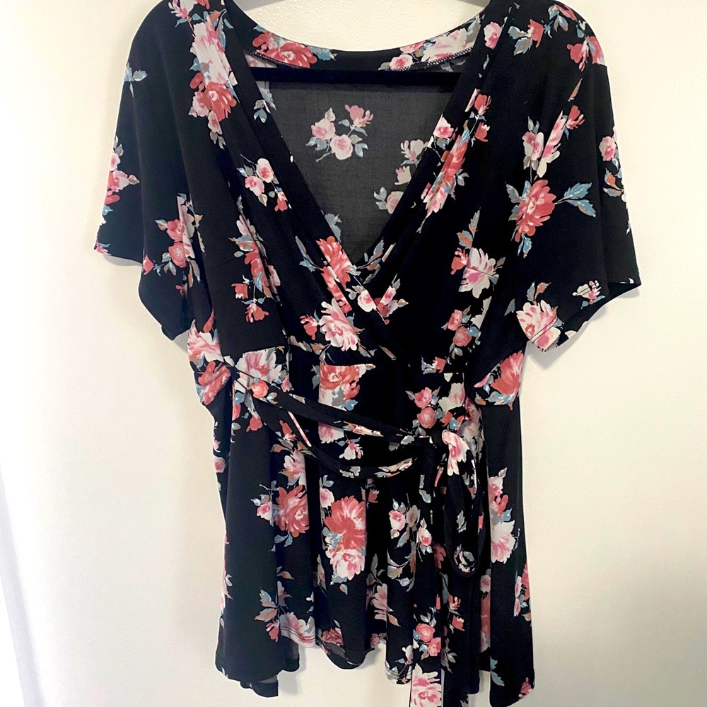 Black floral wrap blouse